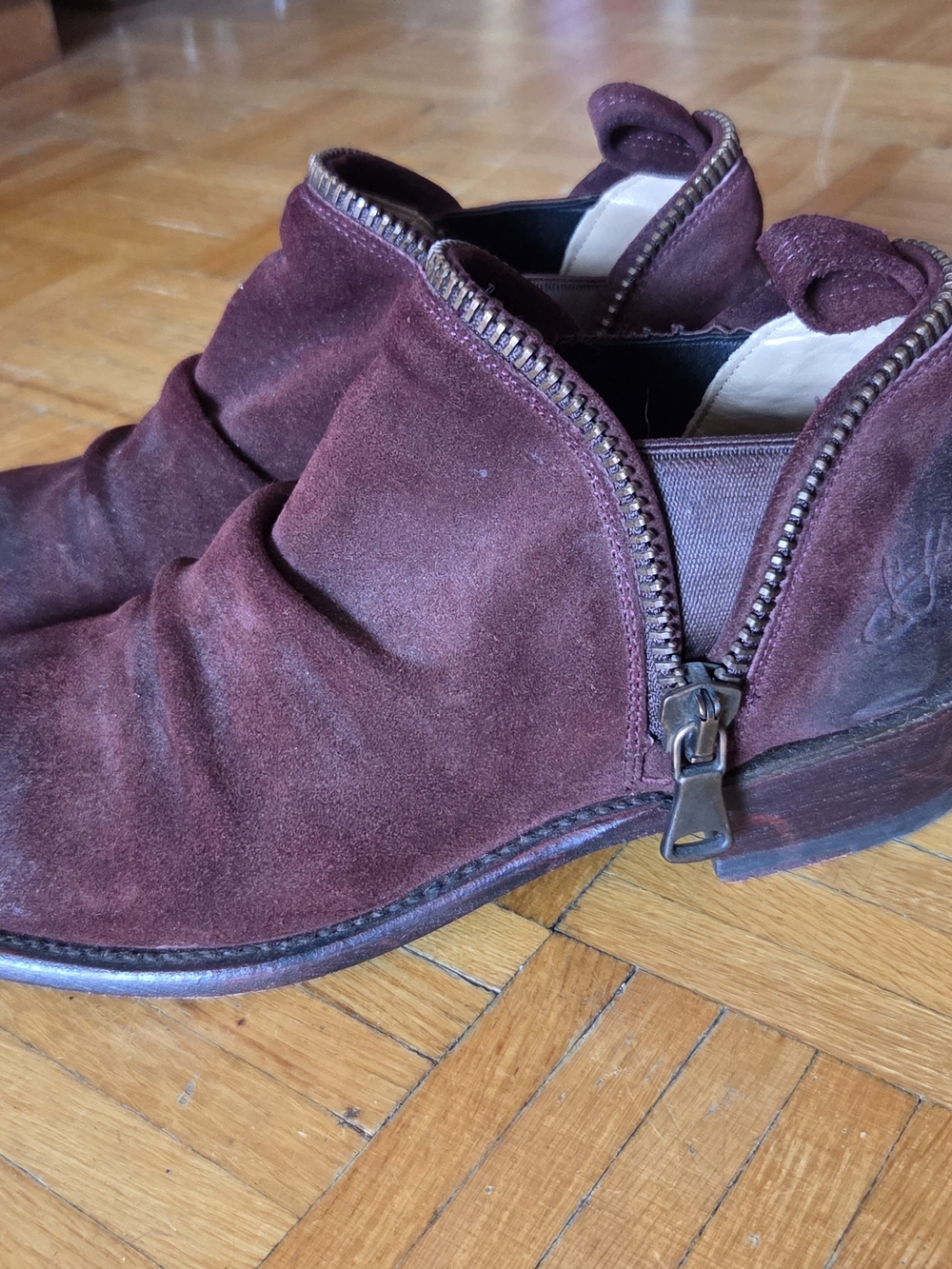 John Fluevog Burgundy Suede Zip-Top Ankle Shoe
